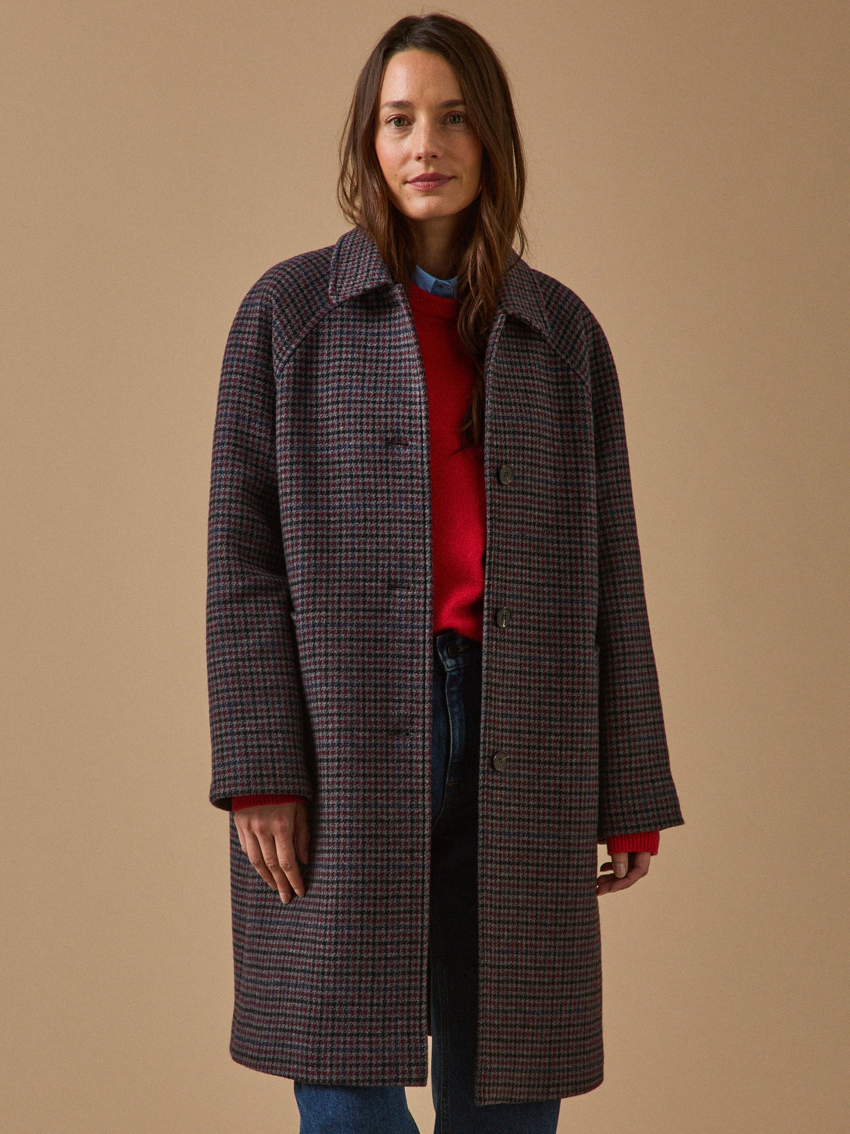 Manteau mi-long lainage pied-de-poule femme - 1