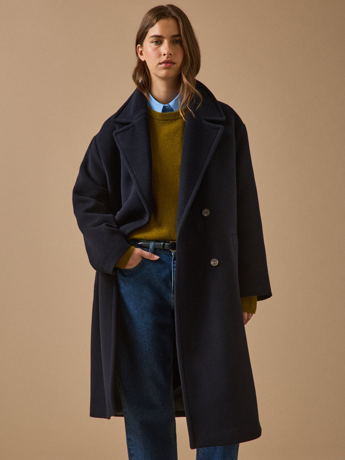 Manteau long lainage uni femme - 1