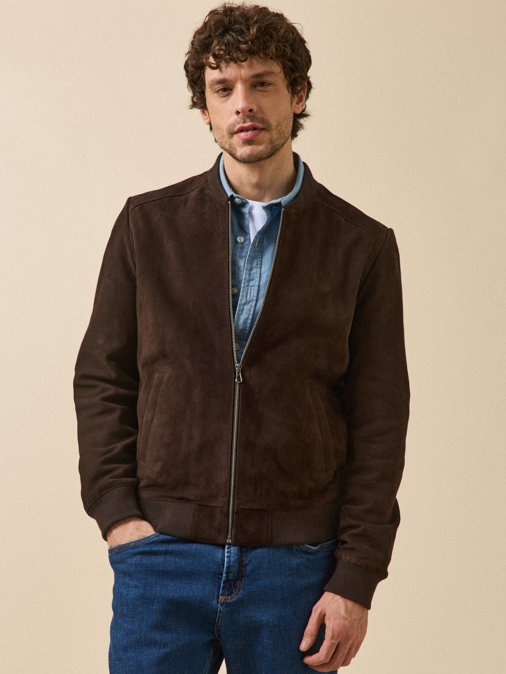 Blouson zippé cuir velours homme - 1